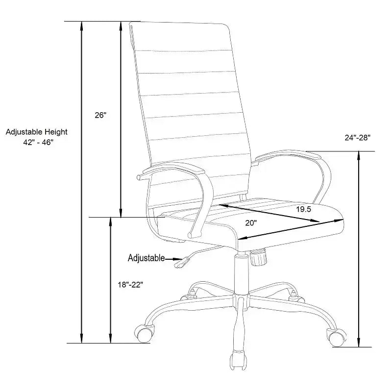 Fauteuil de bureau exécutif HomeStock, hauteur réglable de 38 po, siège en similicuir noir, avec roulettes