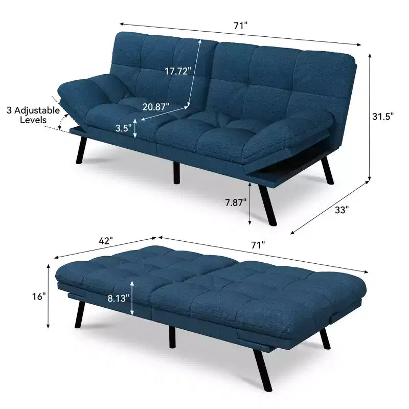 Canapé-Lit Futon Convertible Dyonery 71, Canapé Futon Moderne en Mousse à Mémoire de Forme avec Coussin Amovible, Dossier et Accoudoirs Réglables