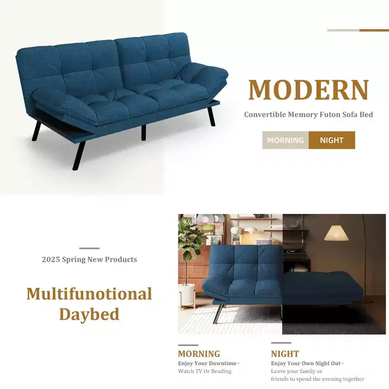 Canapé-Lit Futon Convertible Dyonery 71, Canapé Futon Moderne en Mousse à Mémoire de Forme avec Coussin Amovible, Dossier et Accoudoirs Réglables