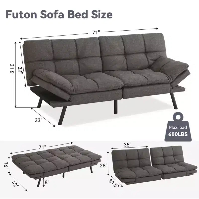 Canapé-Lit Futon Convertible Dyonery 71, Canapé Futon Moderne en Mousse à Mémoire de Forme avec Coussin Amovible, Dossier et Accoudoirs Réglables