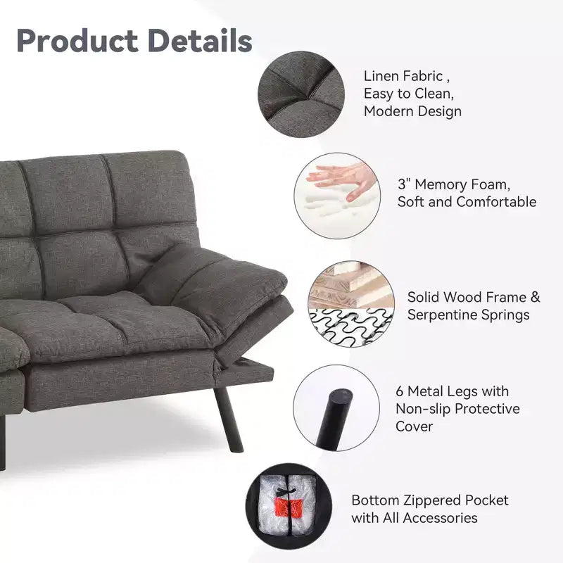 Canapé-Lit Futon Convertible Dyonery 71, Canapé Futon Moderne en Mousse à Mémoire de Forme avec Coussin Amovible, Dossier et Accoudoirs Réglables