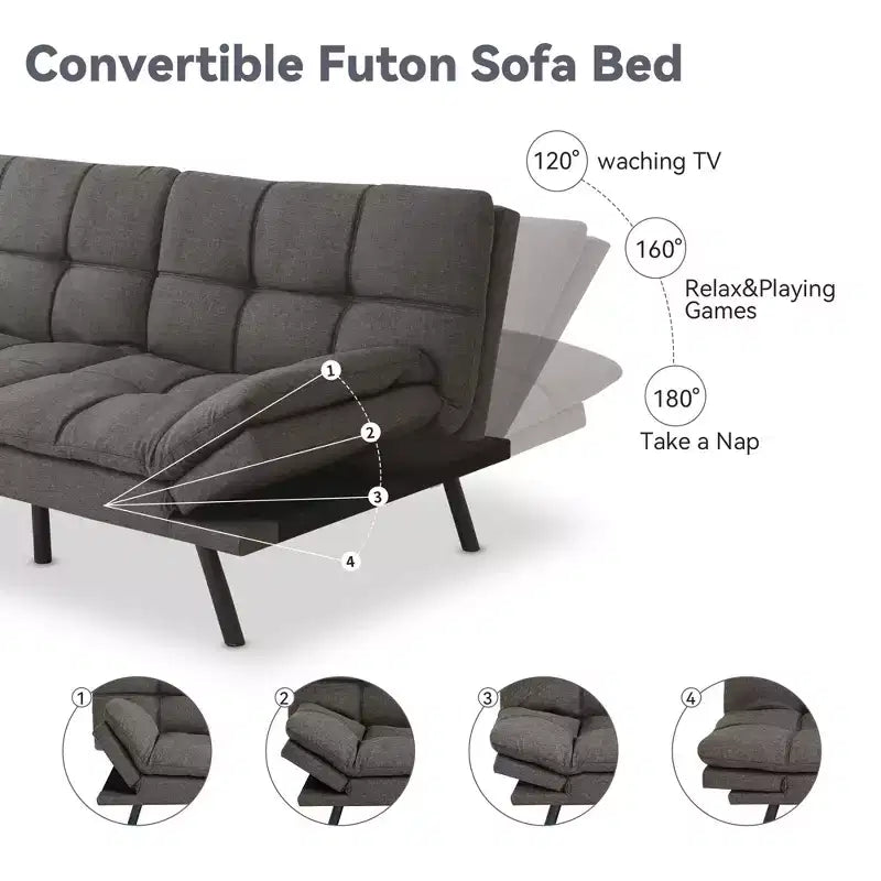 Canapé-Lit Futon Convertible Dyonery 71, Canapé Futon Moderne en Mousse à Mémoire de Forme avec Coussin Amovible, Dossier et Accoudoirs Réglables