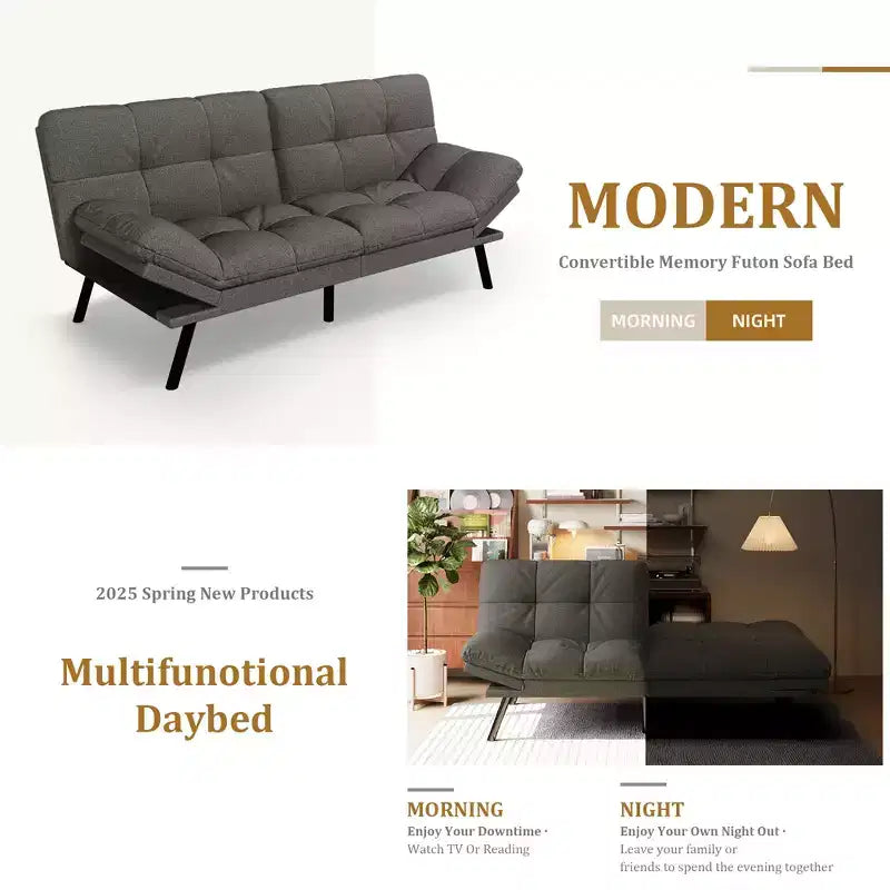 Canapé-Lit Futon Convertible Dyonery 71, Canapé Futon Moderne en Mousse à Mémoire de Forme avec Coussin Amovible, Dossier et Accoudoirs Réglables