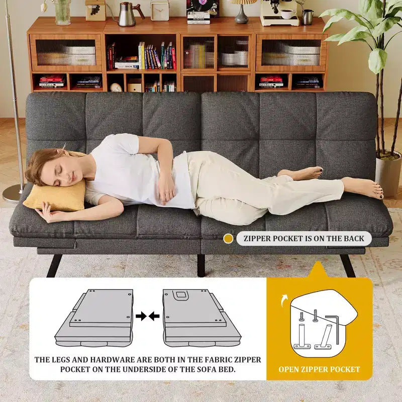 Canapé-Lit Futon Convertible Dyonery 71, Canapé Futon Moderne en Mousse à Mémoire de Forme avec Coussin Amovible, Dossier et Accoudoirs Réglables