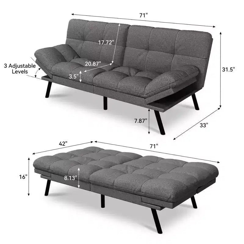 Canapé-Lit Futon Convertible Dyonery 71, Canapé Futon Moderne en Mousse à Mémoire de Forme avec Coussin Amovible, Dossier et Accoudoirs Réglables