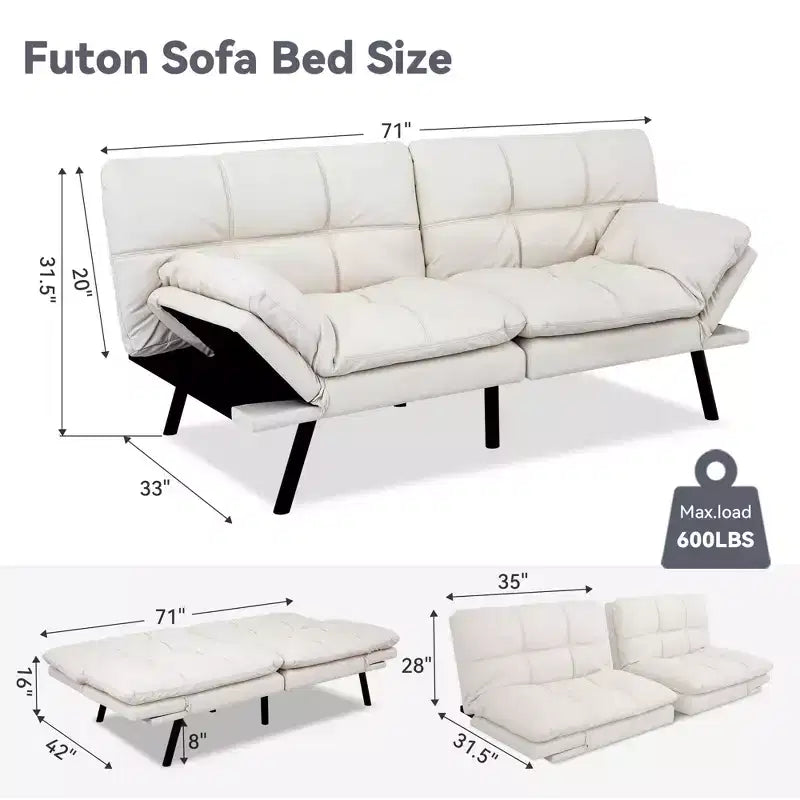 Canapé-Lit Futon Convertible Dyonery 71, Canapé Futon Moderne en Mousse à Mémoire de Forme avec Coussin Amovible, Dossier et Accoudoirs Réglables