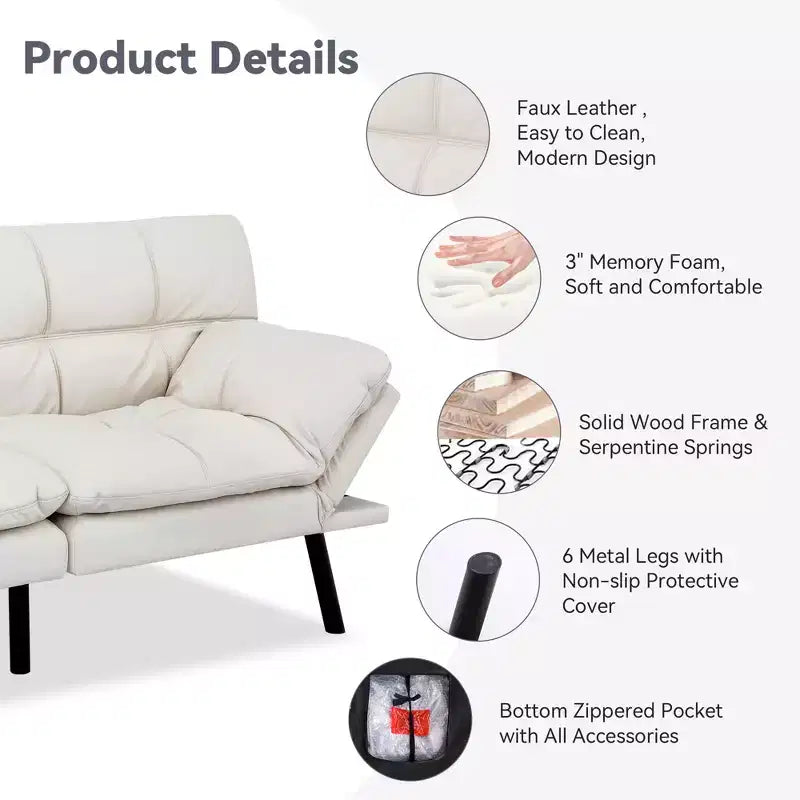 Canapé-Lit Futon Convertible Dyonery 71, Canapé Futon Moderne en Mousse à Mémoire de Forme avec Coussin Amovible, Dossier et Accoudoirs Réglables