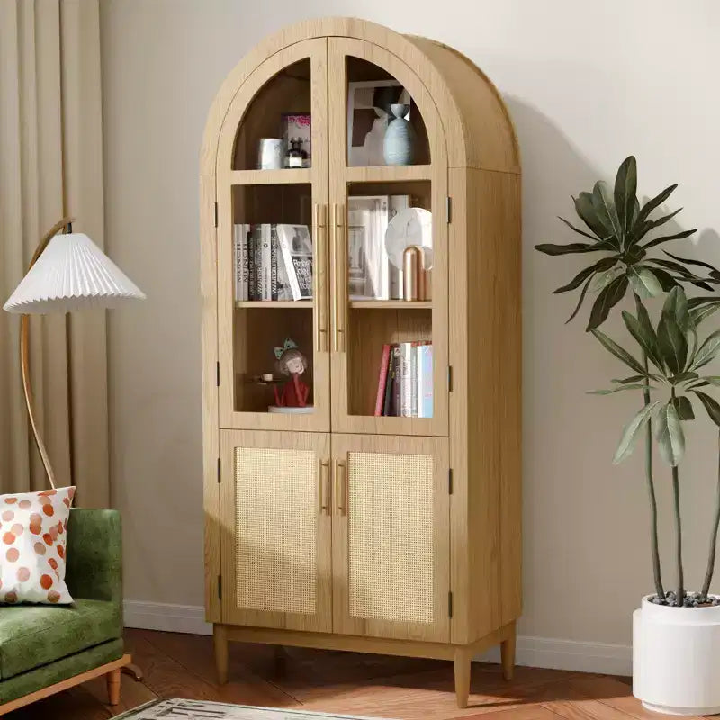 MAYEERTY 71 Armoires de rangement hautes arquées, Meuble de cuisine moderne avec porte vitrée, Pieds en bois massif, Étagères pour salon, Naturel