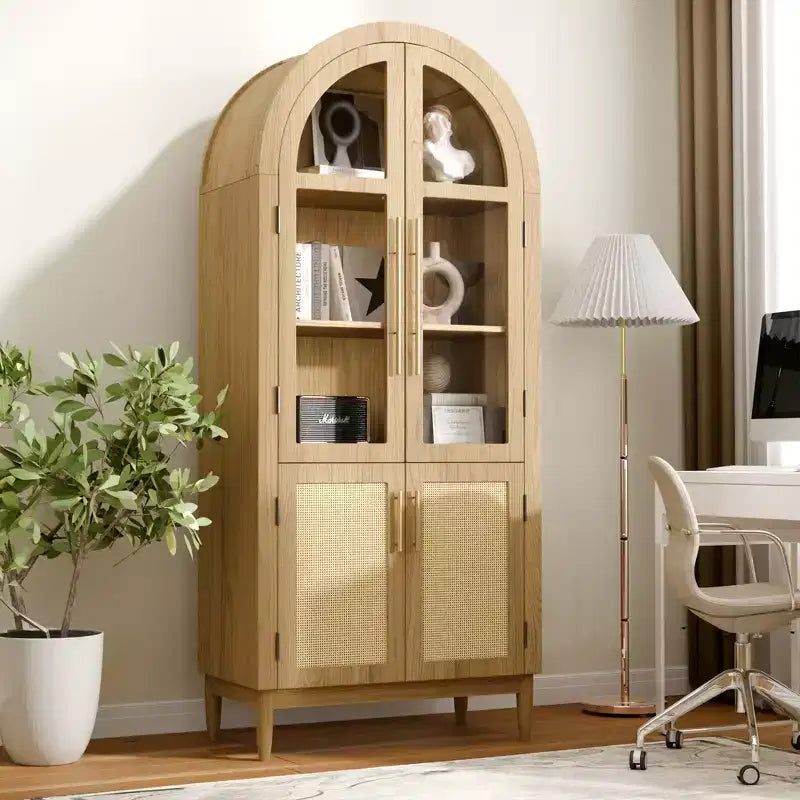 MAYEERTY 71 Armoires de rangement hautes arquées, Meuble de cuisine moderne avec porte vitrée, Pieds en bois massif, Étagères pour salon, Naturel