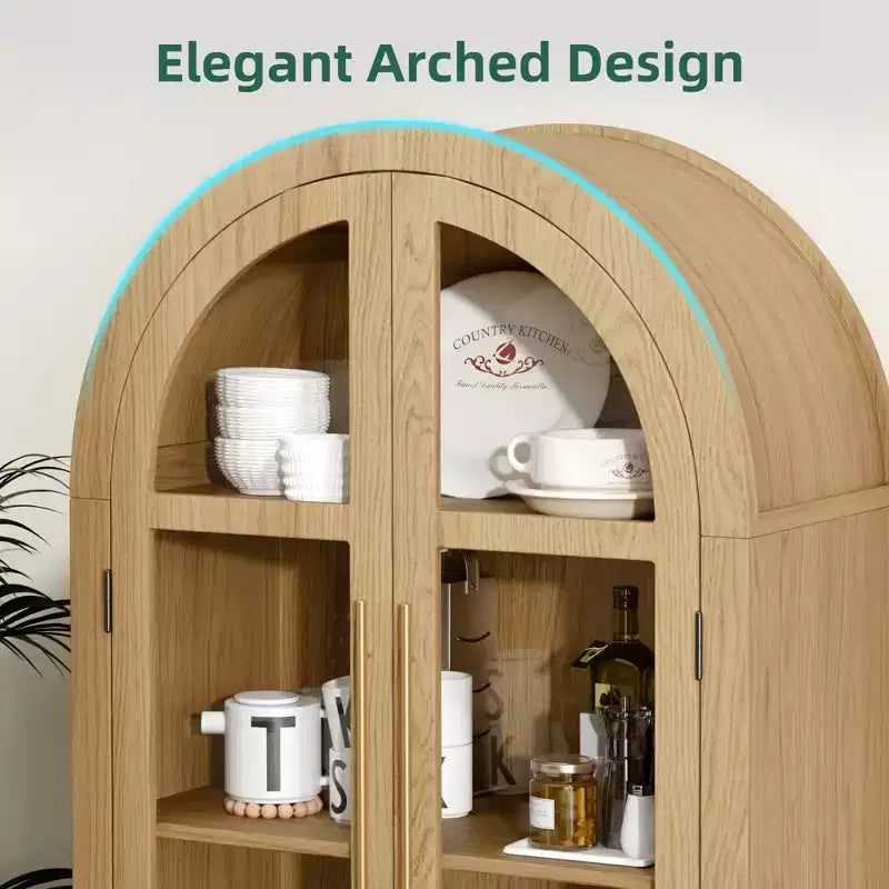 MAYEERTY 71 Armoires de rangement hautes arquées, Meuble de cuisine moderne avec porte vitrée, Pieds en bois massif, Étagères pour salon, Naturel