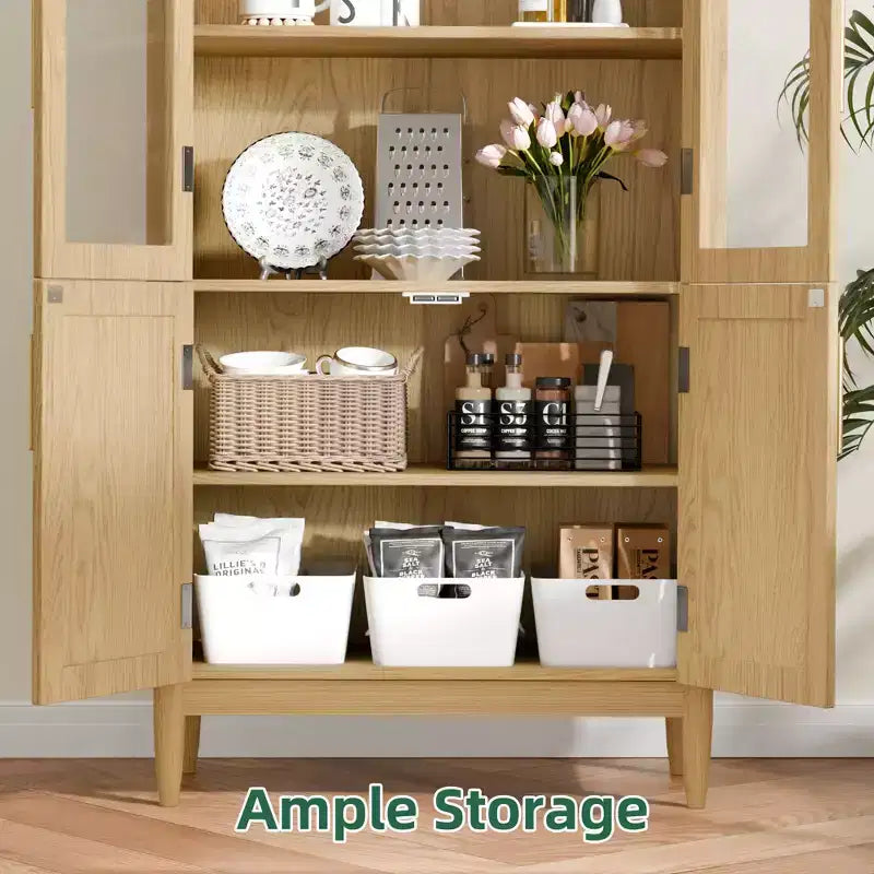MAYEERTY 71 Armoires de rangement hautes arquées, Meuble de cuisine moderne avec porte vitrée, Pieds en bois massif, Étagères pour salon, Naturel