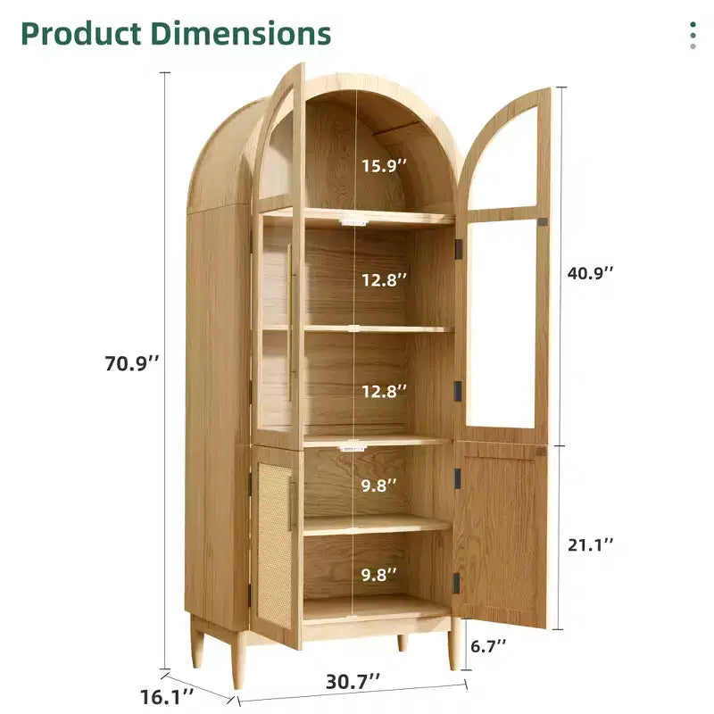 MAYEERTY 71 Armoires de rangement hautes arquées, Meuble de cuisine moderne avec porte vitrée, Pieds en bois massif, Étagères pour salon, Naturel