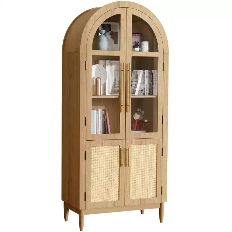MAYEERTY 71 Armoires de rangement hautes arquées, Meuble de cuisine moderne avec porte vitrée, Pieds en bois massif, Étagères pour salon, Naturel