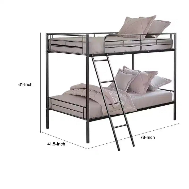 Lit superposé Royal Hampton double sur double, cadre en métal noir, échelle inclinée attachée