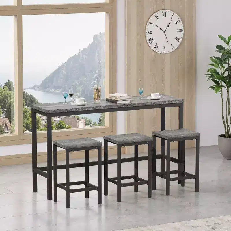 Ensemble de 4 meubles de bar industriels Okak avec table et tabourets de bar pour la cuisine, la salle à manger, ensemble de dînette en métal et bois pour le petit-déjeuner