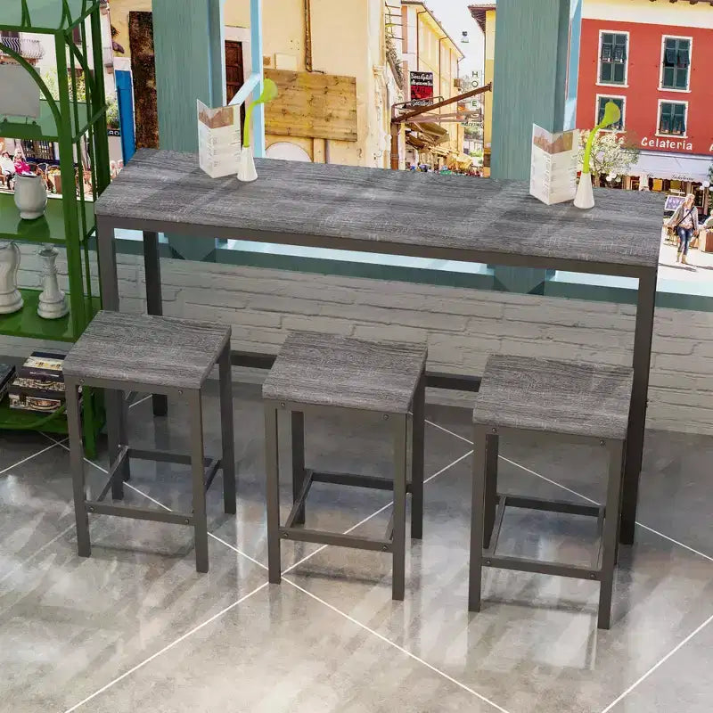 Ensemble de 4 meubles de bar industriels Okak avec table et tabourets de bar pour la cuisine, la salle à manger, ensemble de dînette en métal et bois pour le petit-déjeuner