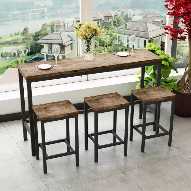 Ensemble de 4 meubles de bar industriels Okak avec table et tabourets de bar pour la cuisine, la salle à manger, ensemble de dînette en métal et bois pour le petit-déjeuner