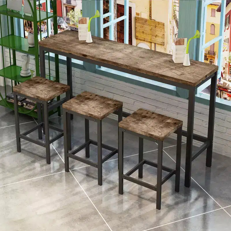 Ensemble de 4 meubles de bar industriels Okak avec table et tabourets de bar pour la cuisine, la salle à manger, ensemble de dînette en métal et bois pour le petit-déjeuner