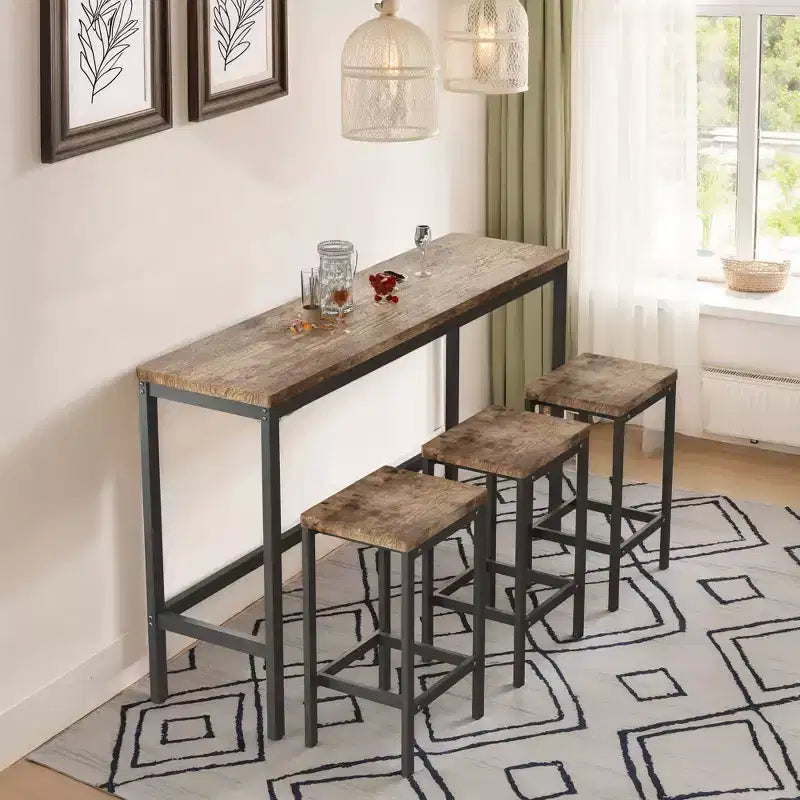 Ensemble de 4 meubles de bar industriels Okak avec table et tabourets de bar pour la cuisine, la salle à manger, ensemble de dînette en métal et bois pour le petit-déjeuner