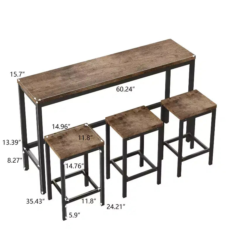 Ensemble de 4 meubles de bar industriels Okak avec table et tabourets de bar pour la cuisine, la salle à manger, ensemble de dînette en métal et bois pour le petit-déjeuner