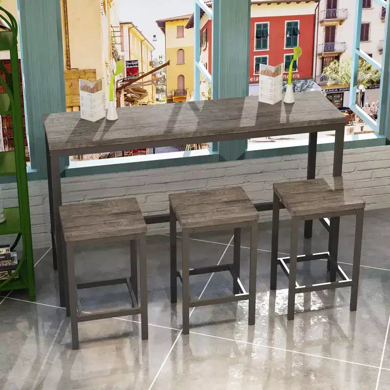Ensemble de 4 meubles de bar industriels Okak avec table et tabourets de bar pour la cuisine, la salle à manger, ensemble de dînette en métal et bois pour le petit-déjeuner