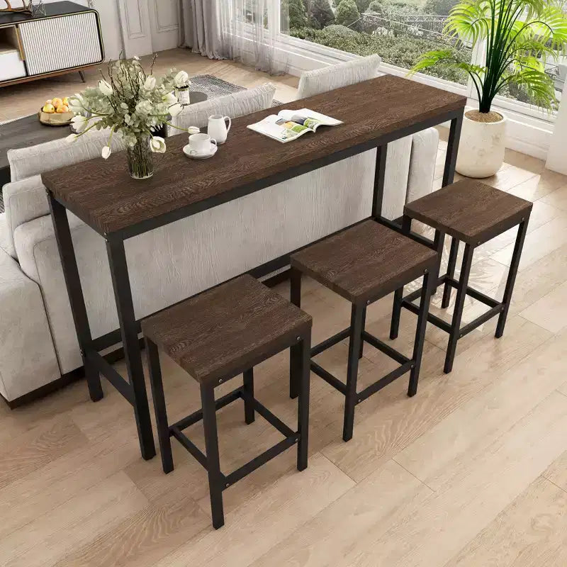 Ensemble de 4 meubles de bar industriels Okak avec table et tabourets de bar pour la cuisine, la salle à manger, ensemble de dînette en métal et bois pour le petit-déjeuner