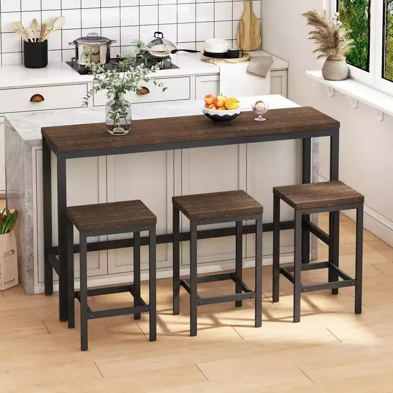 Ensemble de 4 meubles de bar industriels Okak avec table et tabourets de bar pour la cuisine, la salle à manger, ensemble de dînette en métal et bois pour le petit-déjeuner