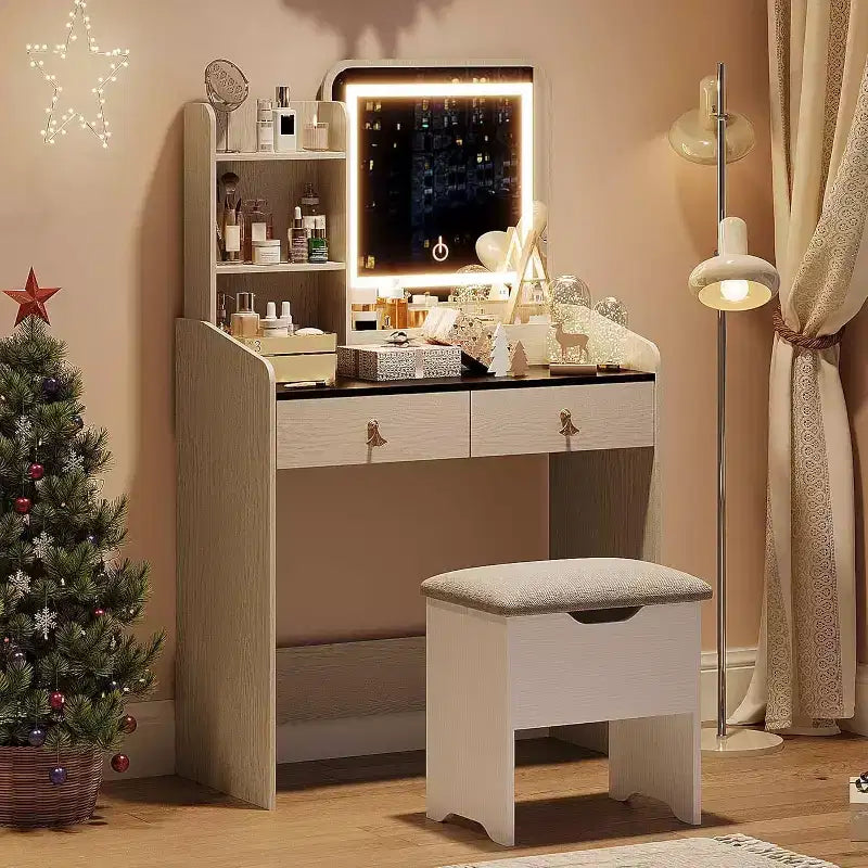 Coiffeuse avec miroir, petite coiffeuse avec tabouret de rangement rembourré, table de maquillage avec 2 grands tiroirs et étagères ouvertes à 3 niveaux pour la maison