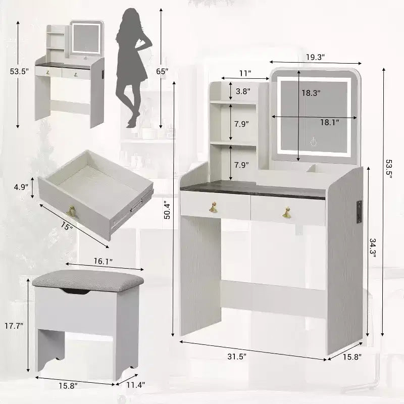 Coiffeuse avec miroir, petite coiffeuse avec tabouret de rangement rembourré, table de maquillage avec 2 grands tiroirs et étagères ouvertes à 3 niveaux pour la maison