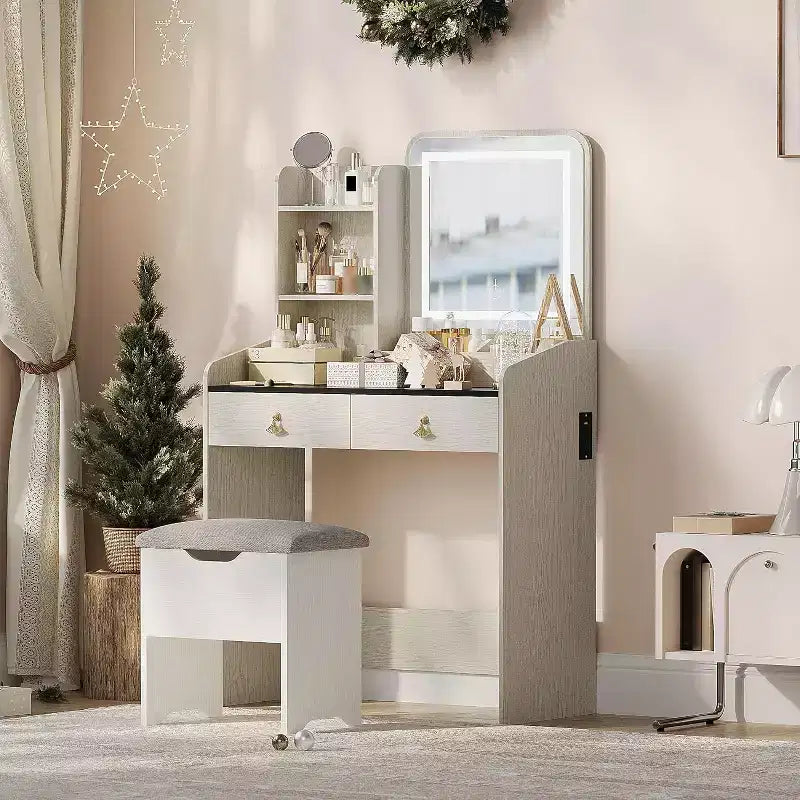 Coiffeuse avec miroir, petite coiffeuse avec tabouret de rangement rembourré, table de maquillage avec 2 grands tiroirs et étagères ouvertes à 3 niveaux pour la maison