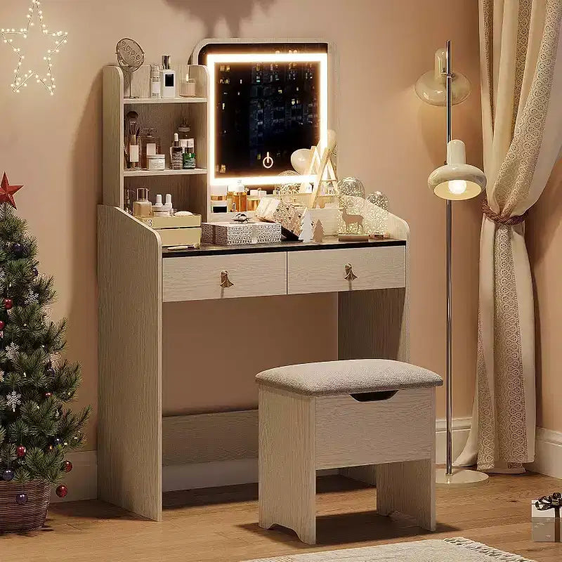 Coiffeuse avec miroir, petite coiffeuse avec tabouret de rangement rembourré, table de maquillage avec 2 grands tiroirs et étagères ouvertes à 3 niveaux pour la maison
