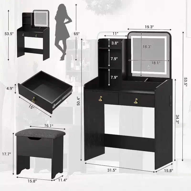 Coiffeuse avec miroir, petite coiffeuse avec tabouret de rangement rembourré, table de maquillage avec 2 grands tiroirs et étagères ouvertes à 3 niveaux pour la maison