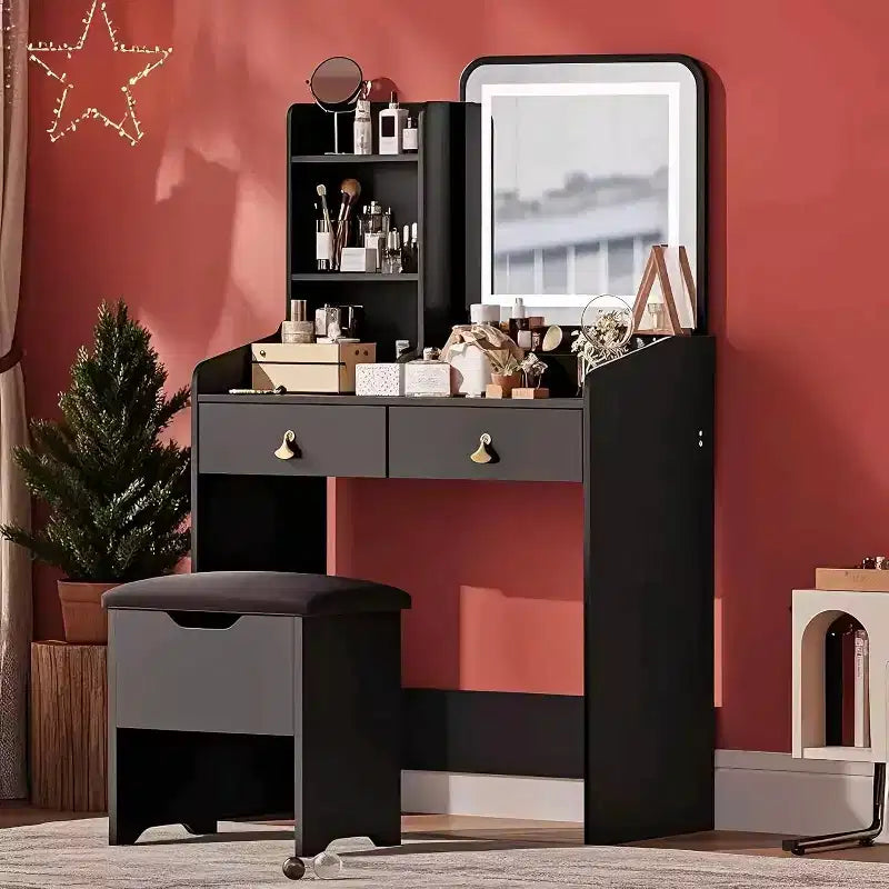 Coiffeuse avec miroir, petite coiffeuse avec tabouret de rangement rembourré, table de maquillage avec 2 grands tiroirs et étagères ouvertes à 3 niveaux pour la maison