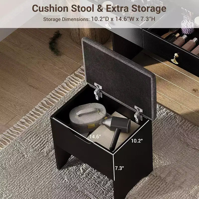 Coiffeuse avec miroir, petite coiffeuse avec tabouret de rangement rembourré, table de maquillage avec 2 grands tiroirs et étagères ouvertes à 3 niveaux pour la maison
