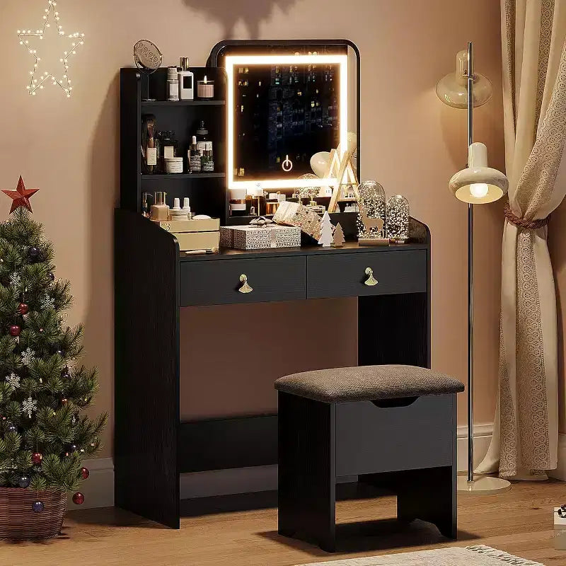Coiffeuse avec miroir, petite coiffeuse avec tabouret de rangement rembourré, table de maquillage avec 2 grands tiroirs et étagères ouvertes à 3 niveaux pour la maison