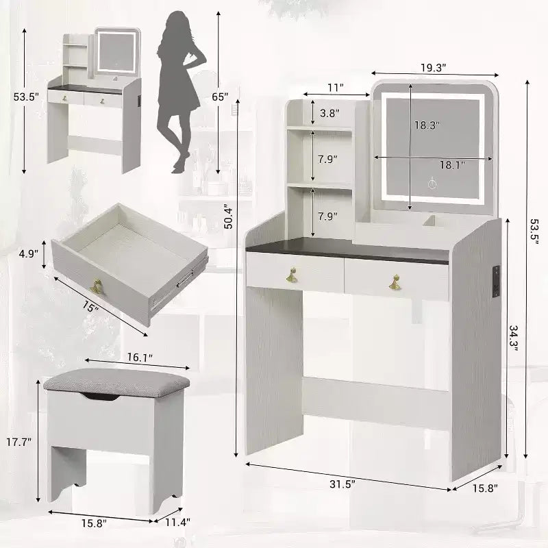 Coiffeuse avec miroir, petite coiffeuse avec tabouret de rangement rembourré, table de maquillage avec 2 grands tiroirs et étagères ouvertes à 3 niveaux pour la maison