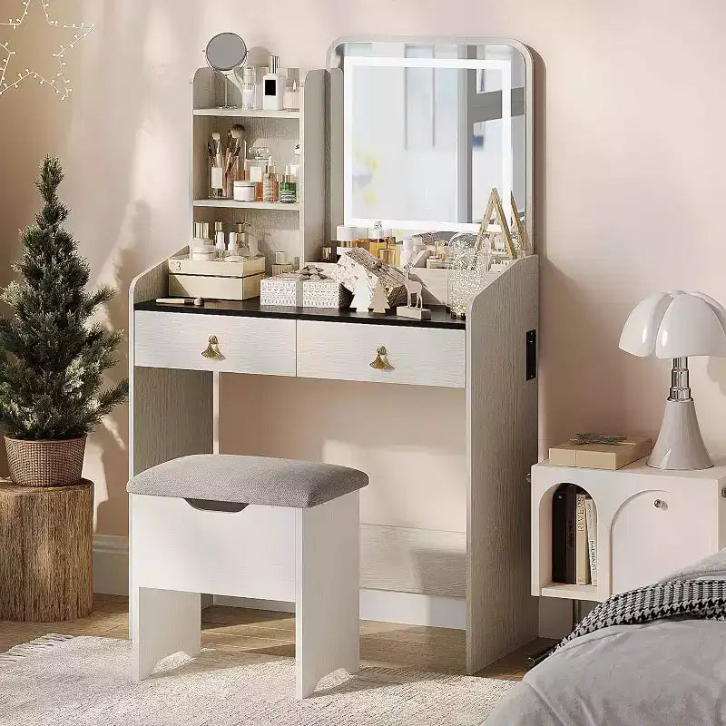 Coiffeuse avec miroir, petite coiffeuse avec tabouret de rangement rembourré, table de maquillage avec 2 grands tiroirs et étagères ouvertes à 3 niveaux pour la maison