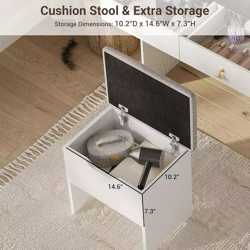 Coiffeuse avec miroir, petite coiffeuse avec tabouret de rangement rembourré, table de maquillage avec 2 grands tiroirs et étagères ouvertes à 3 niveaux pour la maison