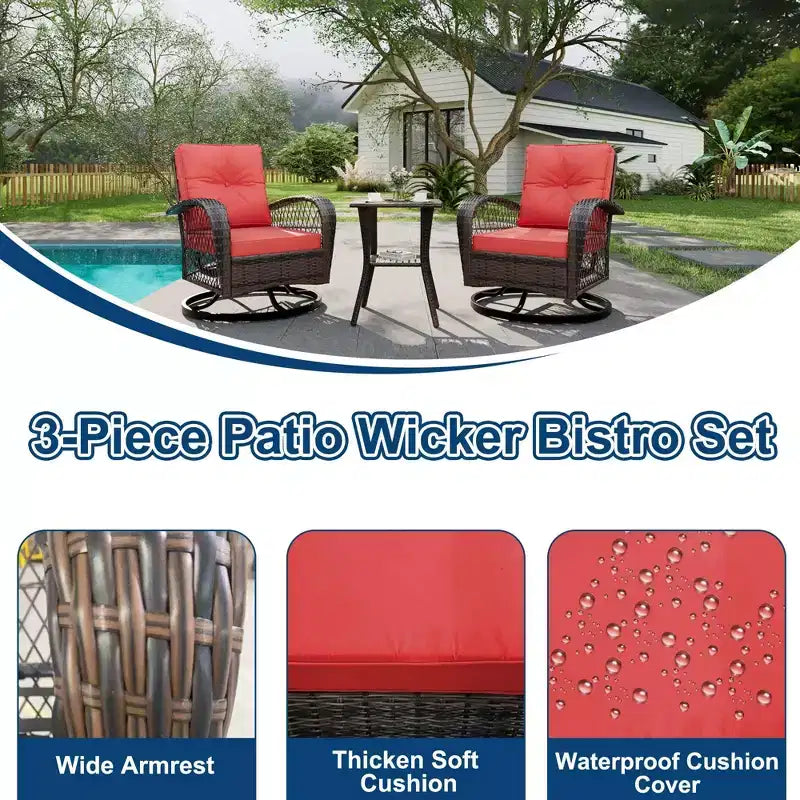 Ensemble de 3 chaises de patio pivotantes et berçantes, ensemble de bistro en osier pour terrasse, 2 fauteuils à bascule et table d'appoint, coussins épais, pour véranda, jardin ou cour arrière