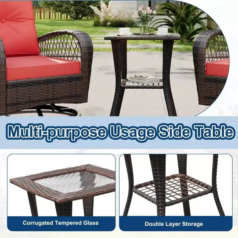 Ensemble de 3 chaises de patio pivotantes et berçantes, ensemble de bistro en osier pour terrasse, 2 fauteuils à bascule et table d'appoint, coussins épais, pour véranda, jardin ou cour arrière