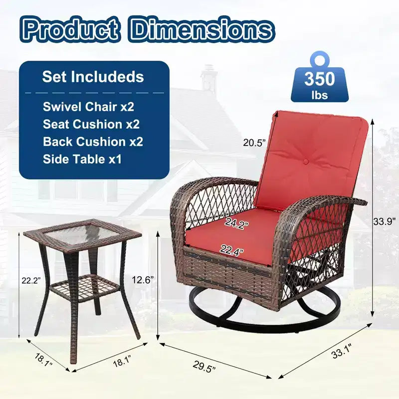 Ensemble de 3 chaises de patio pivotantes et berçantes, ensemble de bistro en osier pour terrasse, 2 fauteuils à bascule et table d'appoint, coussins épais, pour véranda, jardin ou cour arrière