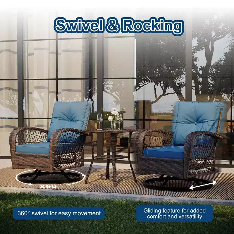 Ensemble de 3 chaises de patio pivotantes et berçantes, ensemble de bistro en osier pour terrasse, 2 fauteuils à bascule et table d'appoint, coussins épais, pour véranda, jardin ou cour arrière