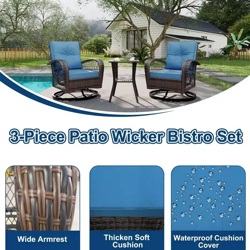 Ensemble de 3 chaises de patio pivotantes et berçantes, ensemble de bistro en osier pour terrasse, 2 fauteuils à bascule et table d'appoint, coussins épais, pour véranda, jardin ou cour arrière