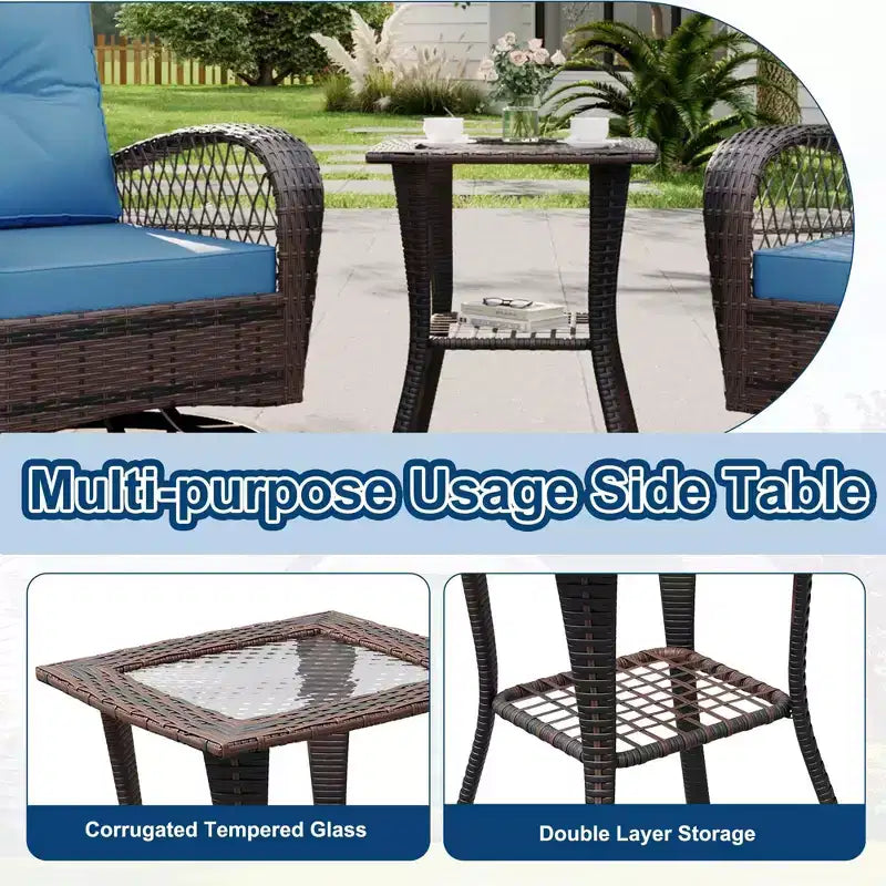 Ensemble de 3 chaises de patio pivotantes et berçantes, ensemble de bistro en osier pour terrasse, 2 fauteuils à bascule et table d'appoint, coussins épais, pour véranda, jardin ou cour arrière
