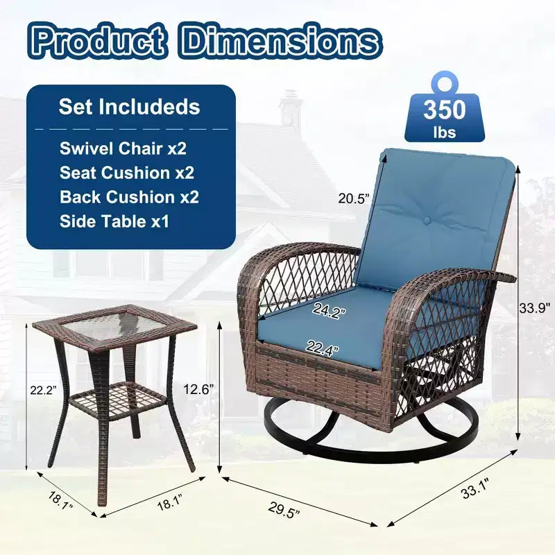 Ensemble de 3 chaises de patio pivotantes et berçantes, ensemble de bistro en osier pour terrasse, 2 fauteuils à bascule et table d'appoint, coussins épais, pour véranda, jardin ou cour arrière