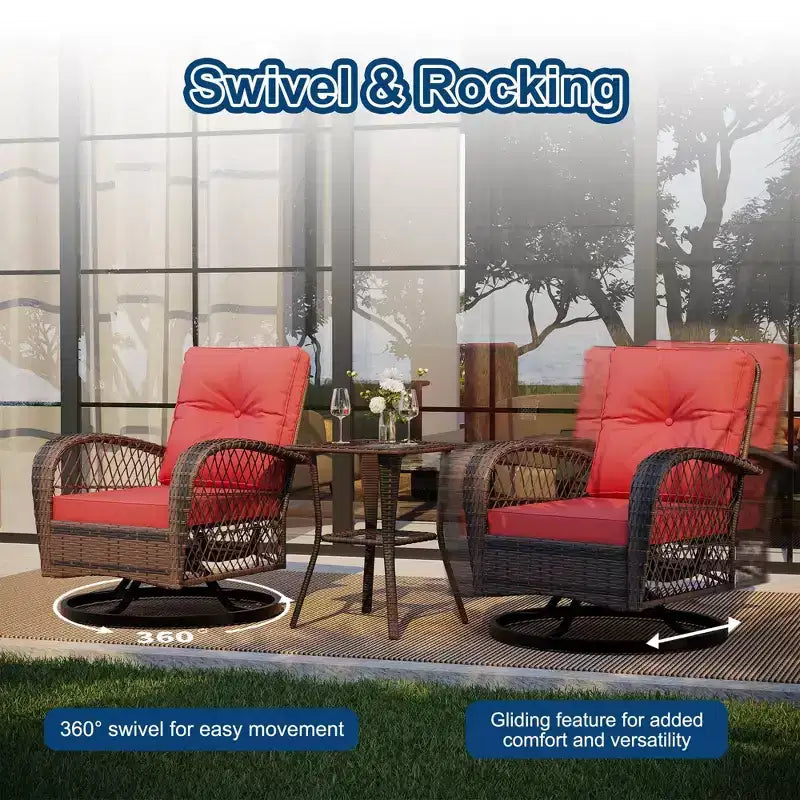Ensemble de 3 chaises de patio pivotantes et berçantes, ensemble de bistro en osier pour terrasse, 2 fauteuils à bascule et table d'appoint, coussins épais, pour véranda, jardin ou cour arrière