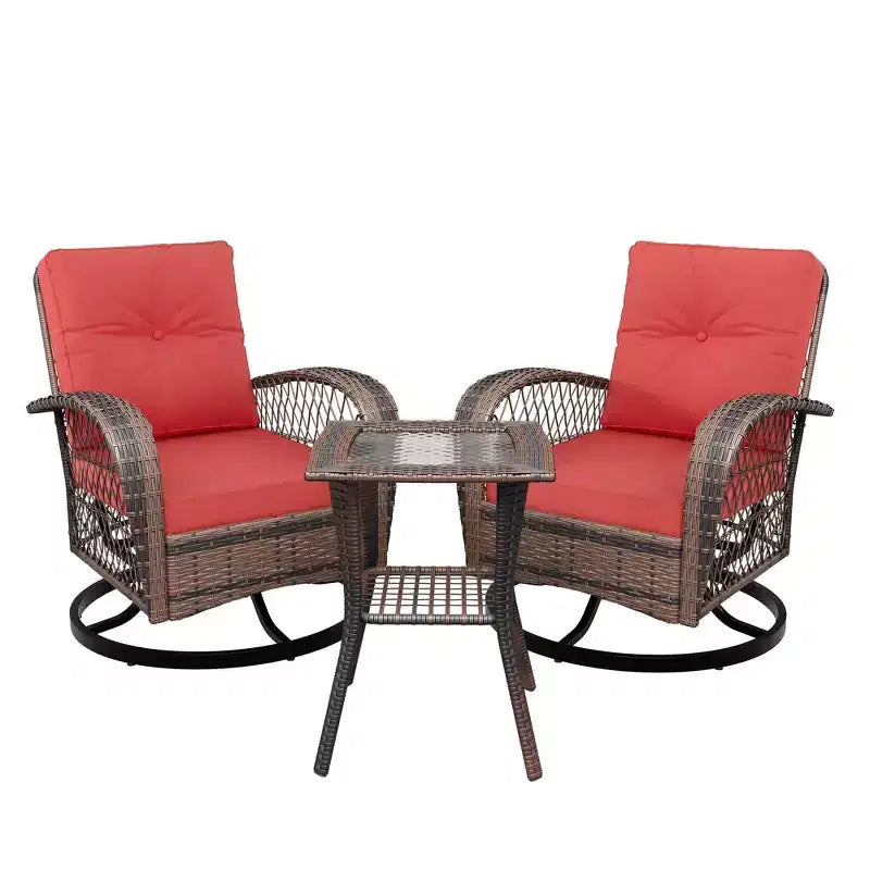 Ensemble de 3 chaises de patio pivotantes et berçantes, ensemble de bistro en osier pour terrasse, 2 fauteuils à bascule et table d'appoint, coussins épais, pour véranda, jardin ou cour arrière