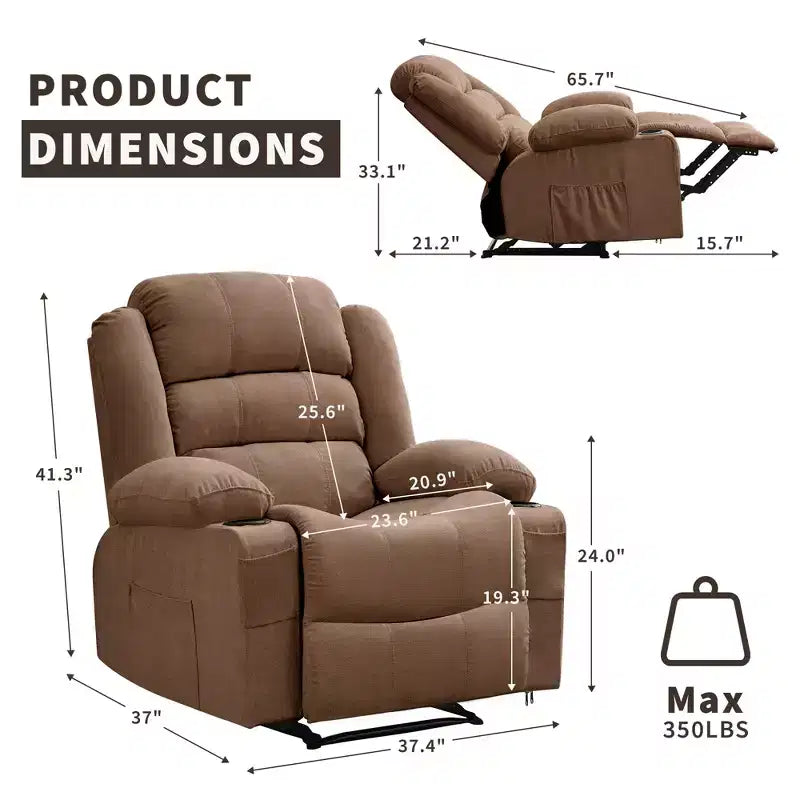 Fauteuil inclinable large COZONY pour adultes, fauteuil de relaxation manuel surdimensionné avec accoudoir, dossier, 2 porte-gobelets et pochette latérale pour salon