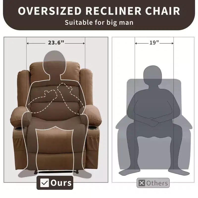 Fauteuil inclinable large COZONY pour adultes, fauteuil de relaxation manuel surdimensionné avec accoudoir, dossier, 2 porte-gobelets et pochette latérale pour salon