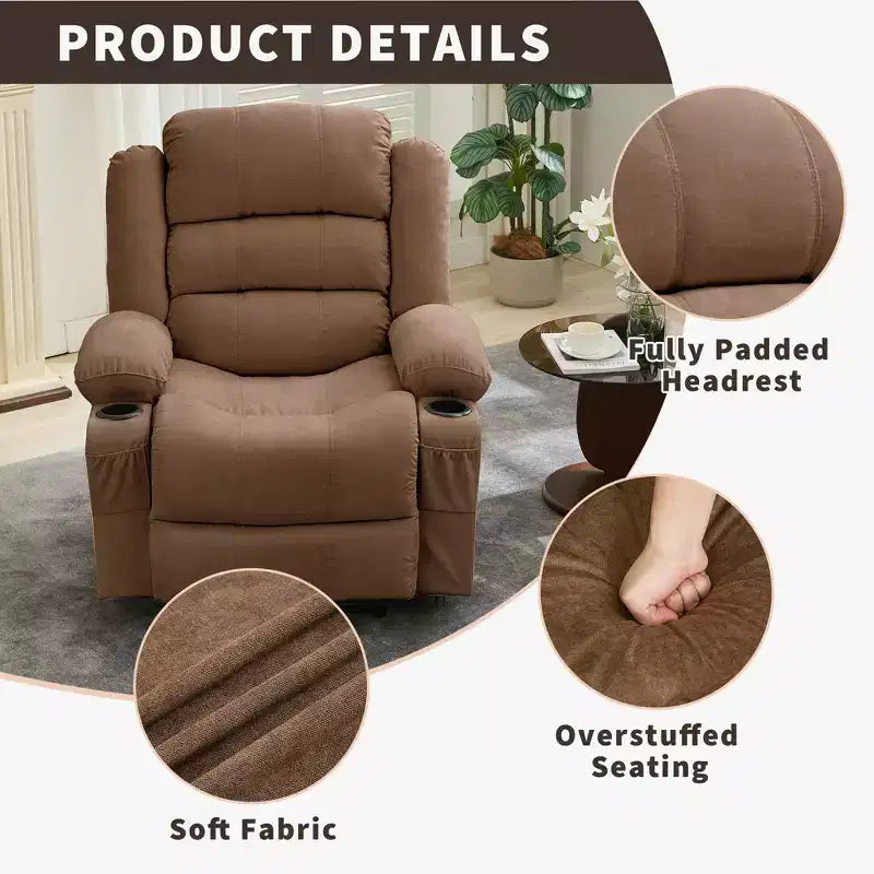 Fauteuil inclinable large COZONY pour adultes, fauteuil de relaxation manuel surdimensionné avec accoudoir, dossier, 2 porte-gobelets et pochette latérale pour salon